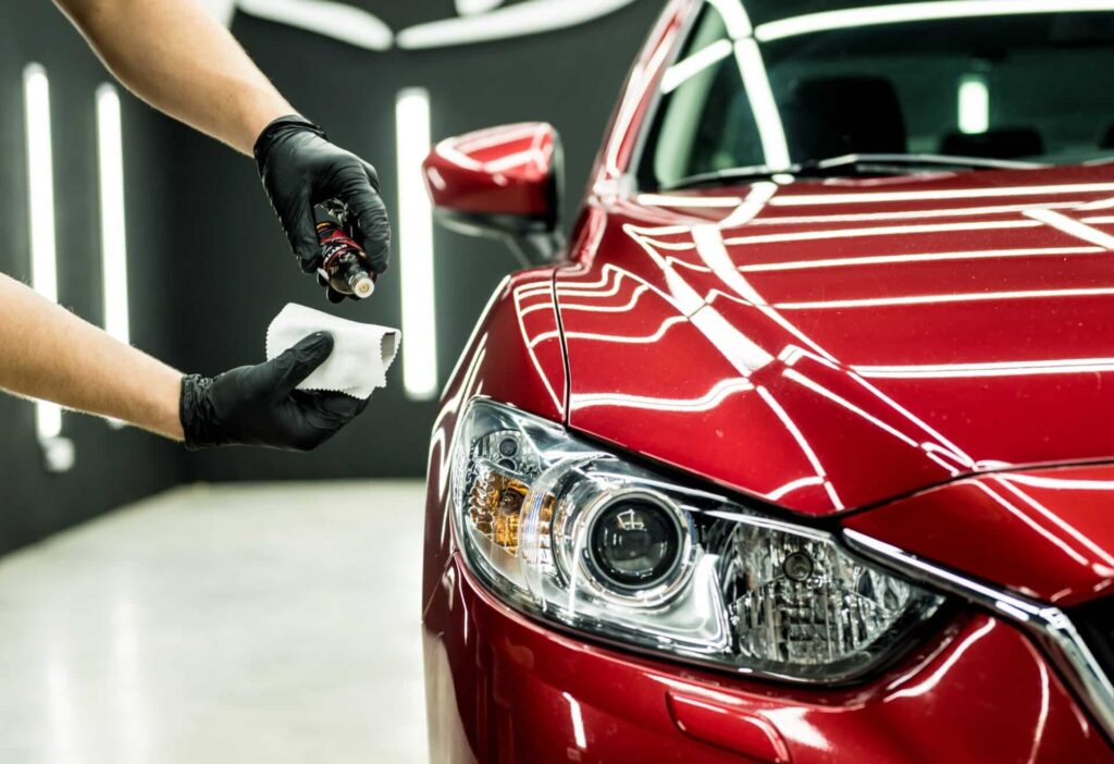 A person wearing black gloves applies a coating to a shiny red car's front fender with a cloth. The vehicle is in a well-lit garage, reflecting bright overhead lights on its polished surface.