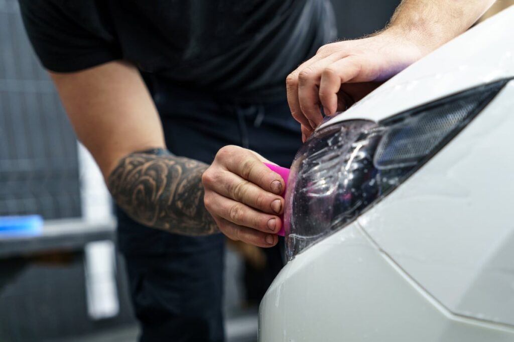 A person applies a protective film to the headlight of a white car. They are using a pink tool to smooth the film. The individual has a tattooed arm and is focusing on the application process.